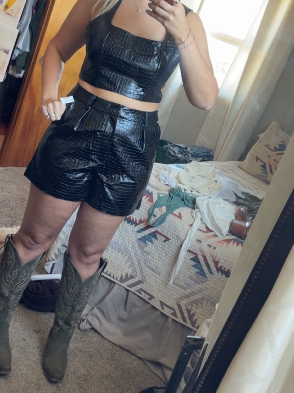 Black Croc-Embossed Faux Leather Crop Top & High-Waist Shorts Set